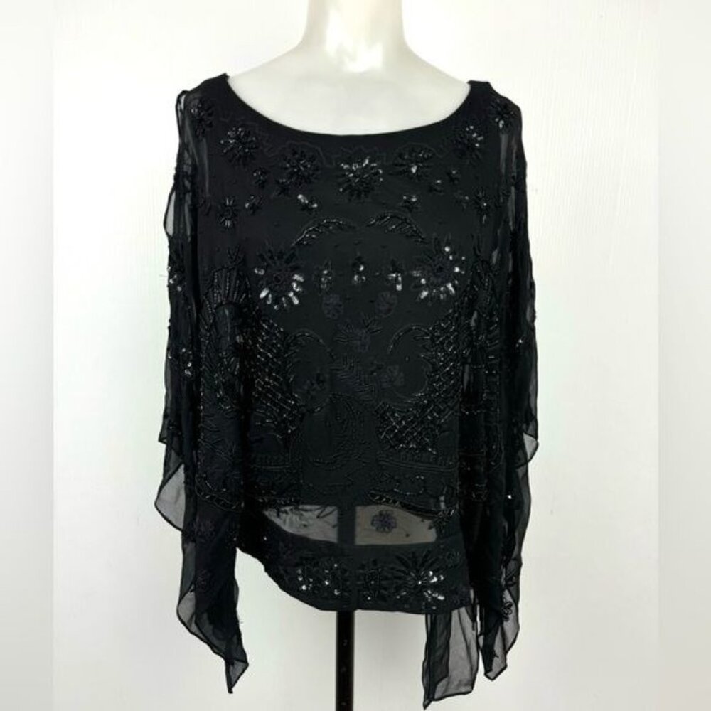 Pure silk sequined and beaded blouse Tie-side Embellished Sheer Black Blouse S - Picture 2 of 13